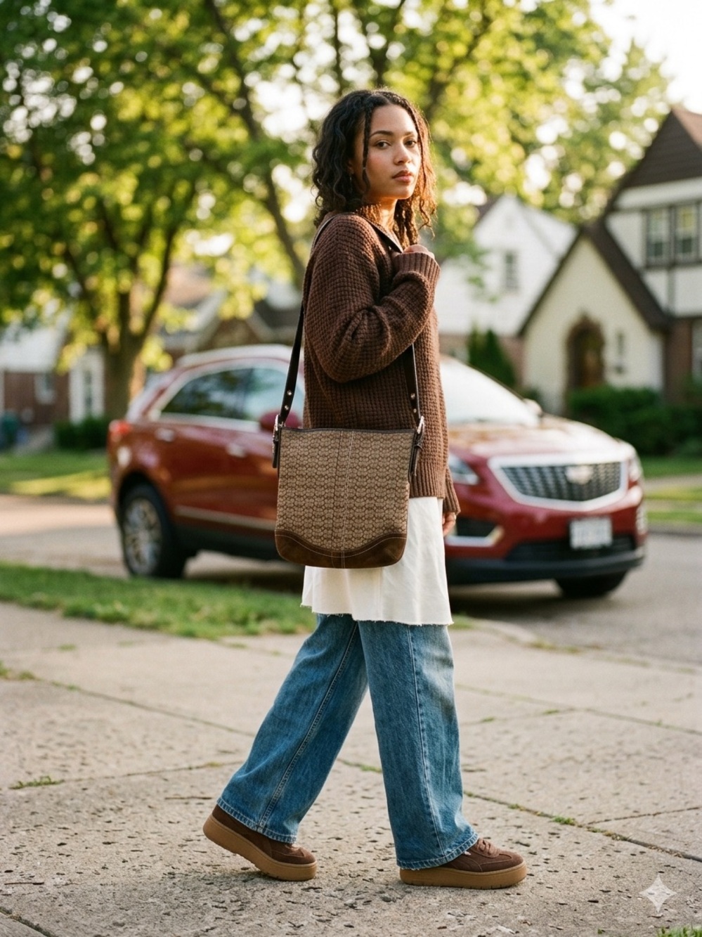 Coach Brown Woven Crossbody Bag with Leather Trim